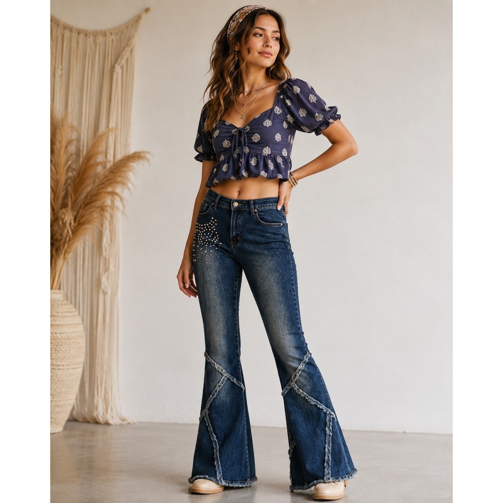 O'Lico Jeans Women Blue Studded Patchwork Raw Edge Flare Denim Pants Size 11/31